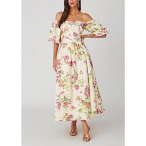 Shoshanna Off-Shoulder Floral Midi Dress - Cream and Pink